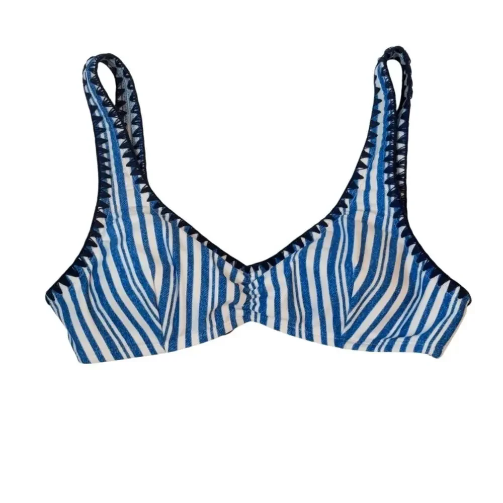No Boundaries Denim Stripe Bikini Set Blanket Stitch in Blue Small Medium